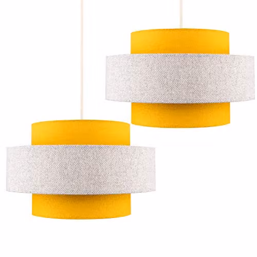 ValueLights Modern Fabric Cylinder Pendant Light Shades in Yellow and Grey, Set of 2, Width: 30 cm – 1