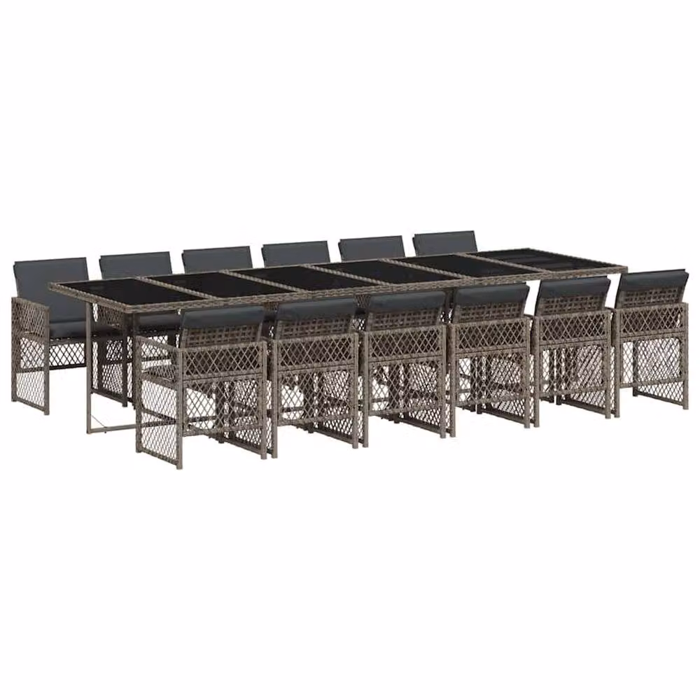 Berkfield Home 13 Piece Grey Poly Rattan Garden Dining Set with Cushions and Glass Table – 2