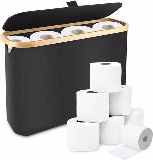 VOGREX Black Bamboo Lidded Toilet Paper Storage Basket with Handles for Bathroom