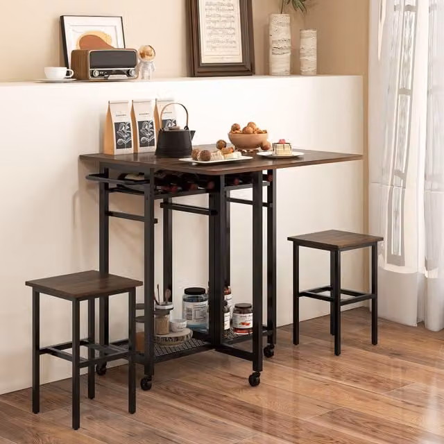 Costway Extendable Industrial Wood Kitchen and Dining Room Table and Chair Set in Brown