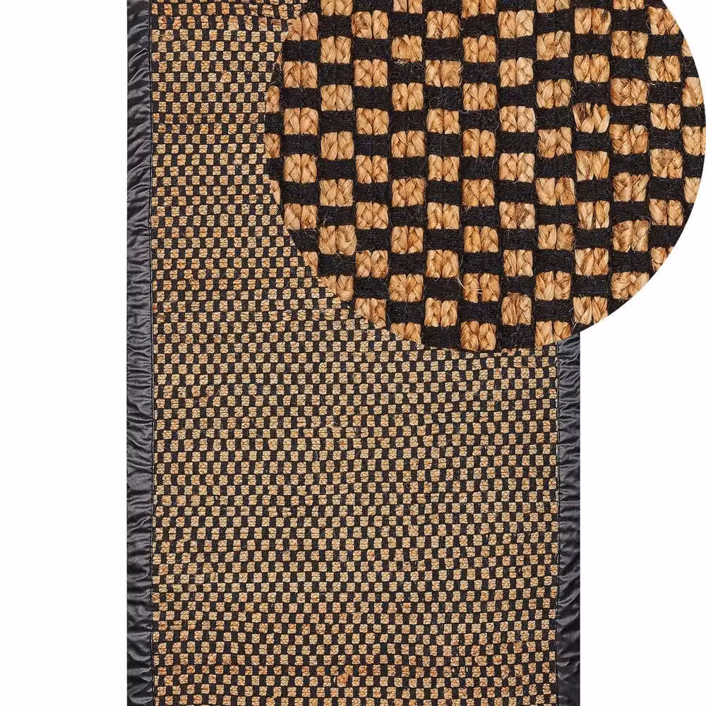 Wyld and Coco Handwoven Jute and Cotton Checkerboard Rug in Black and Beige with Leather Accents, W: 80 cm, L: 150 cm – 2