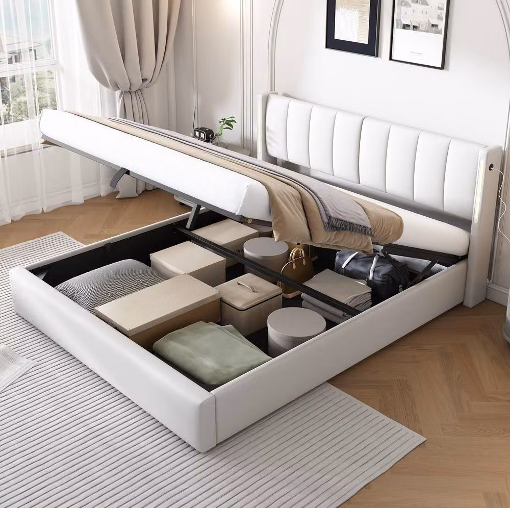 STILVORA Super King Upholstered Bed Frame in White with USB Charging Port, LED Lighting, Reading Light and Lift-Up Storage W/D/H: 200 x 189 x 103 cm – 3