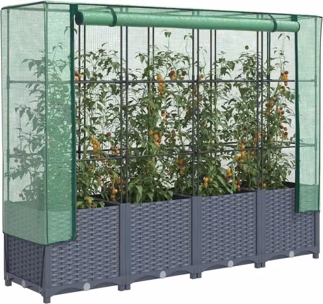 Berkfield Home Raised Bed with Greenhouse Cover in Black Rattan Look, W: 160 cm, D: 40 cm, H: 138 cm – 1