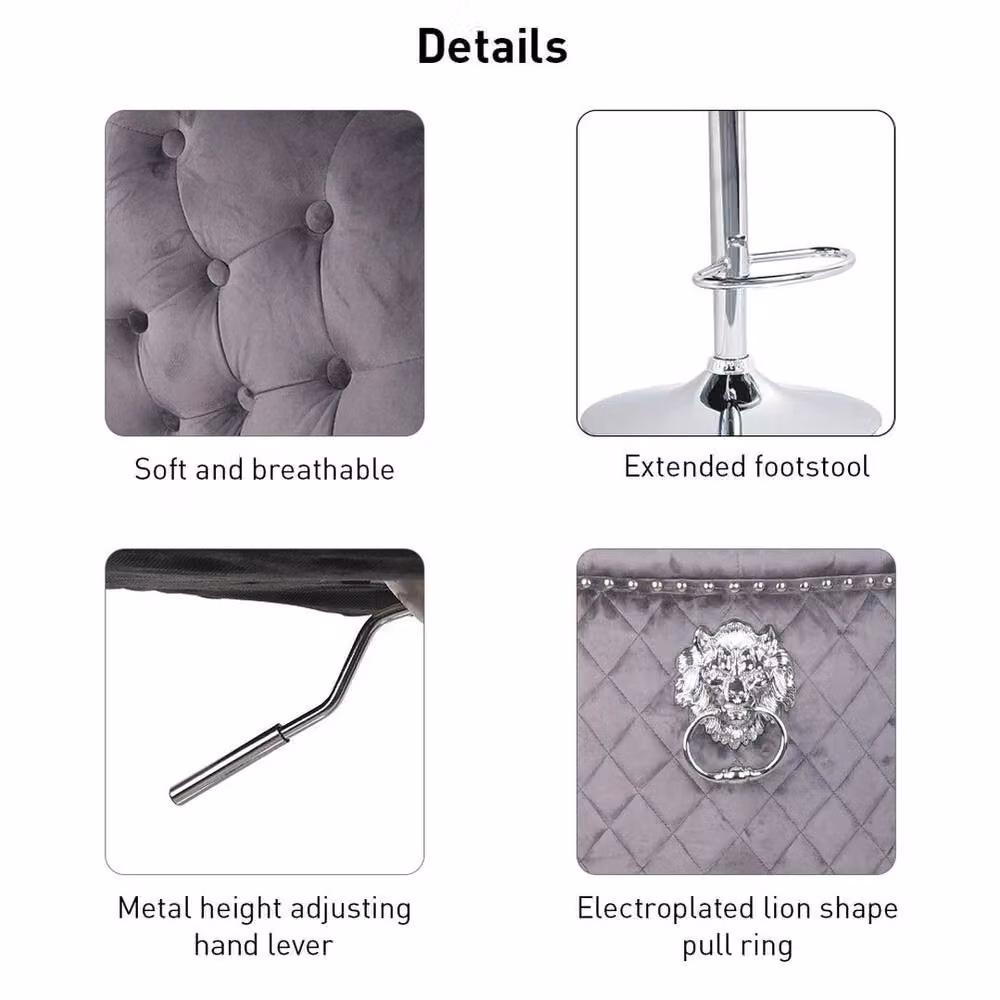 PAWNORA Grey Velvet Lion Knocker Bar Stool with Metal Frame – 3