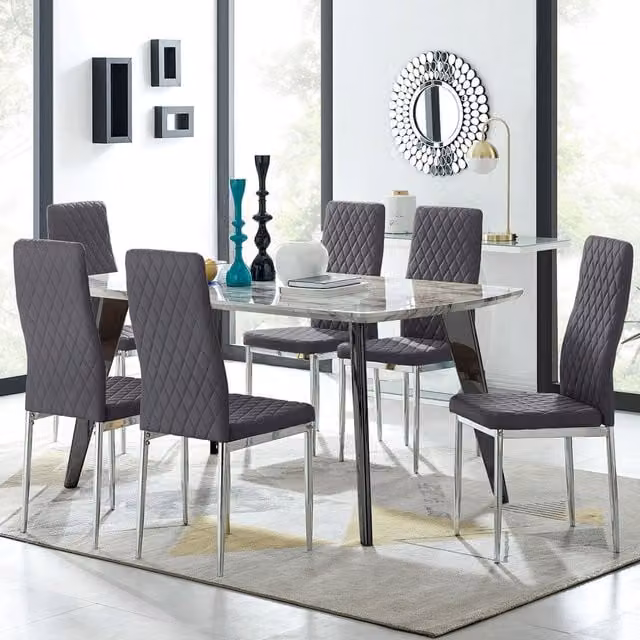 FurnitureboxUK Andria Black Marble Effect Rectangular Dining Table and 6 Velvet Milan Chairs in Black, Cream and Silver