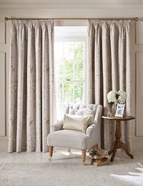 Laura Ashley Rowsham Garden Floral Pure Cotton Pencil Pleat Blackout Curtains, Beige