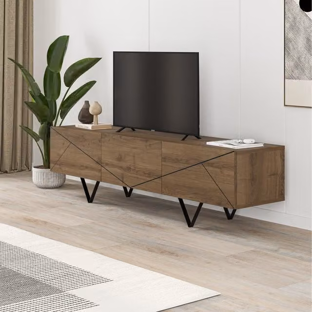 Decortie Jakomen Modern TV Stand Media Unit in Brown and Black with 3 Doors and Media Compartments, Width: 160 cm – 1