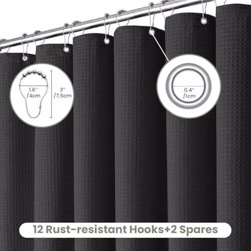 Inhousolu Black Waffle Weave Fabric Shower Curtain with Weighted Hem and Metal Hooks, W 183 x L 183 cm – 2