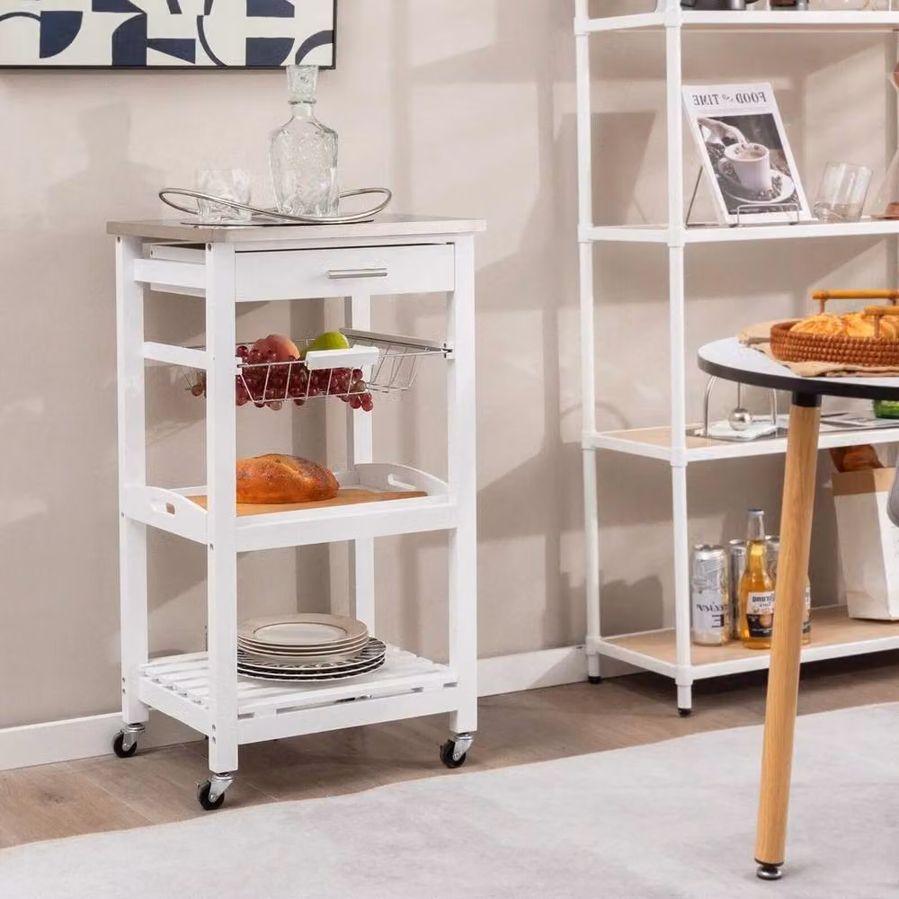 KORVIXA Wheeled Kitchen Storage Trolley Cart Cupboard Island in White W/D/H: 100 x 100 x 3 cm – 2
