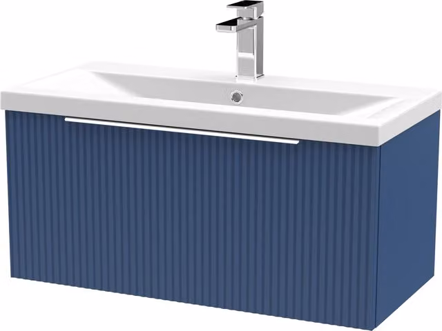 Balterley Fluted Wall Hung 1 Drawer Vanity Basin Unit and Basin, Satin Blue, Width: 80 cm