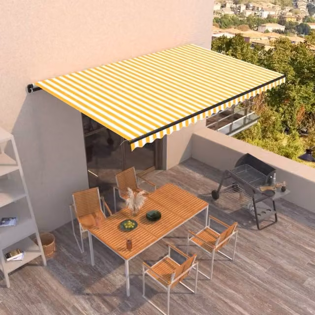Berkfield Home Manual Retractable Folding Arm Awning in Yellow and White, W: 500 cm, D: 300 cm – 1