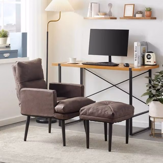 KORVIXA Brown Synthetic Leather Recliner Lounge Chair with Ottoman – 1