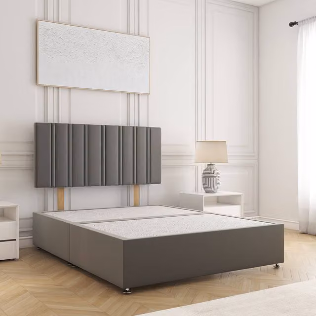 BSSPOKE Sienna Double Divan Bed with 24 inch Plush Velvet Headboard in Grey