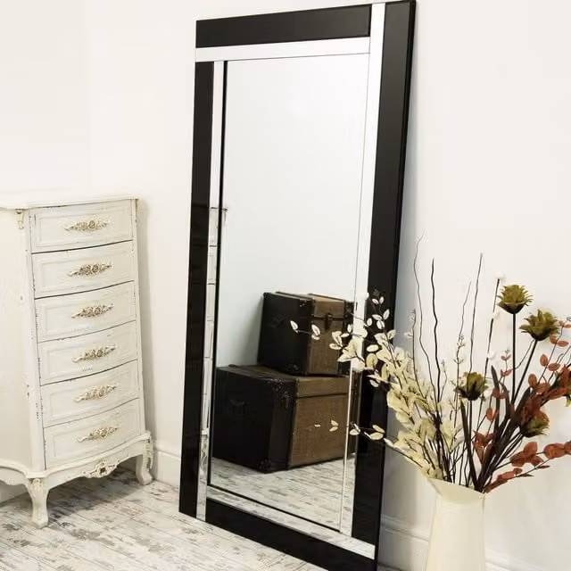 MirrorOutlet Black and Silver Bevelled Rectangular Hanging Wall Mirror