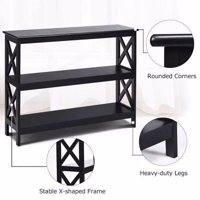 VOGREX 3-Tier X Design Console Table in Black Wood with Shelf – 1