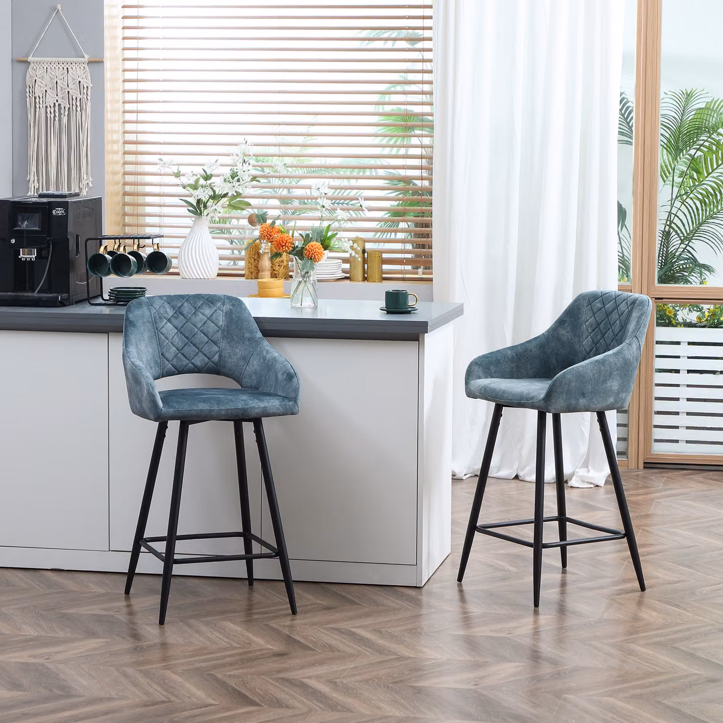 HOMCOM Set of 2 Blue Velvet Bar Stools with Metal Legs – 2
