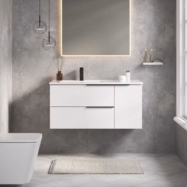 Banyetti Celtic Duo 1000mm Wall Hung Vanity Unit with Door and Basin in Gloss White (W: 100 cm, D: 45 cm, H: 45 cm) – 1