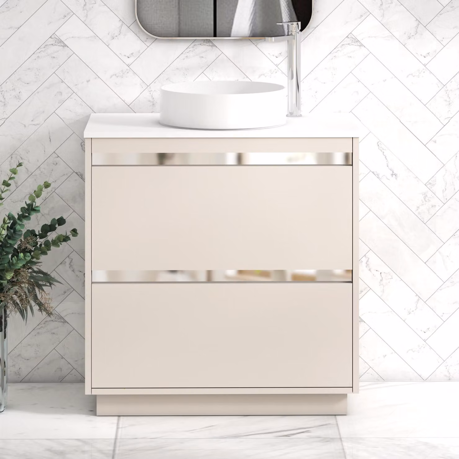 Royal Bathrooms Orion 800mm Warm Taupe Floor Standing 2 Drawer Vanity Unit with Plain White Undrilled Worktop and Chrome Accent Trim