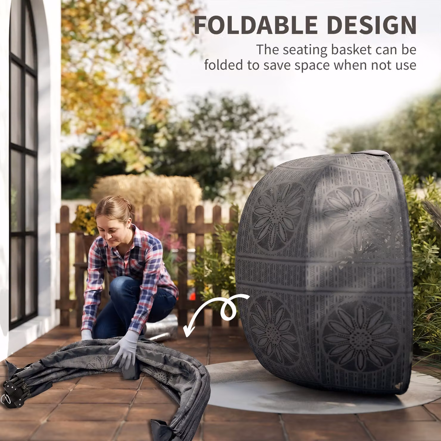 Outsunny Round Egg Basket Lounge Chair with Steel Stand and Cushions, Charcoal Grey – 5