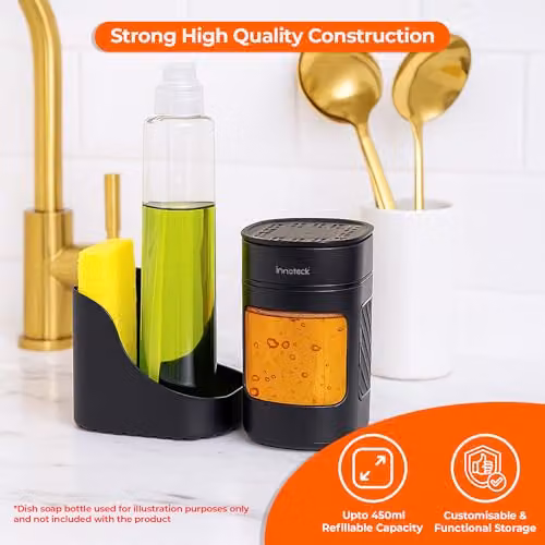 Innoteck 3-in-1 Kitchen Sink Organiser with Dual Soap Dispenser and Sponge Holder, Black – 3
