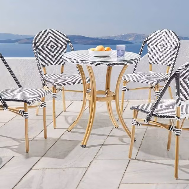 Wyld and Coco Round Garden Table with PE Rattan and Tempered Glass Top in Natural Sand, Diameter: 70 cm – 1