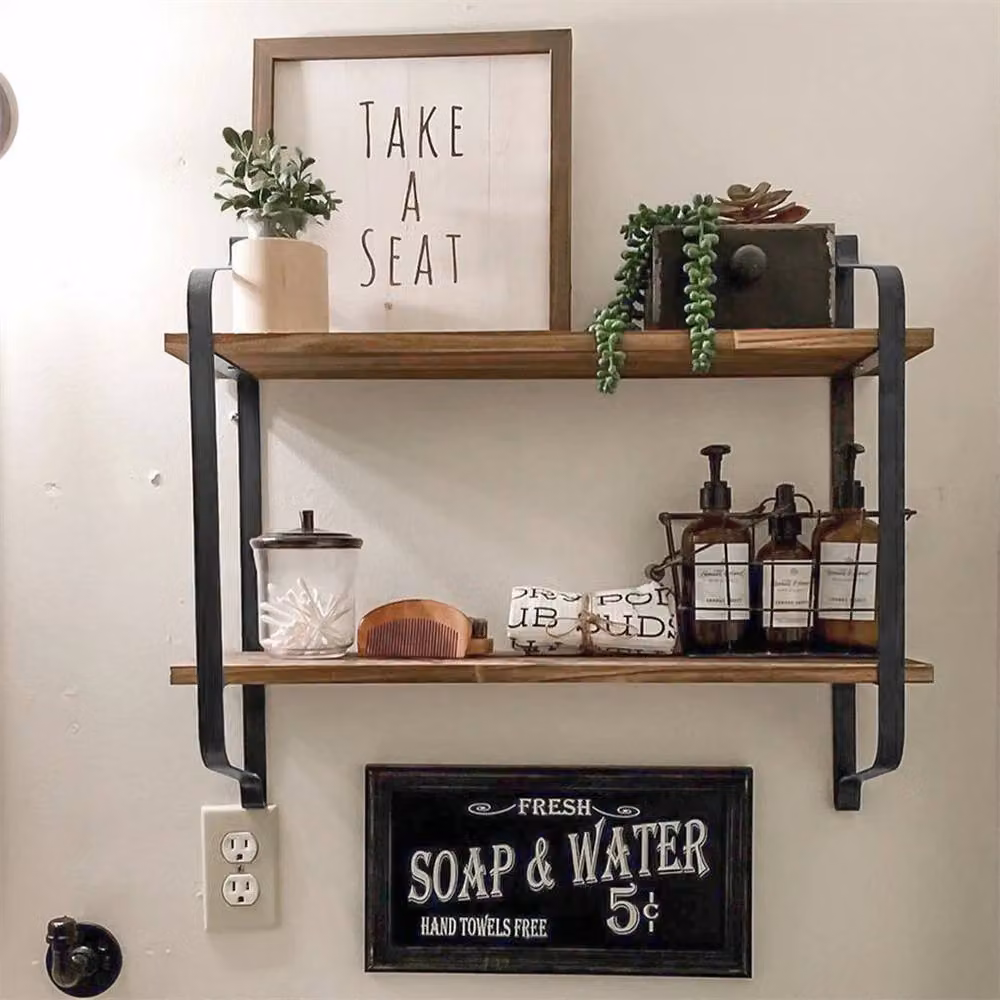 Kelvenix 2 Tier Vintage Wall Mounted Floating Hanging Shelf in Brown – 3