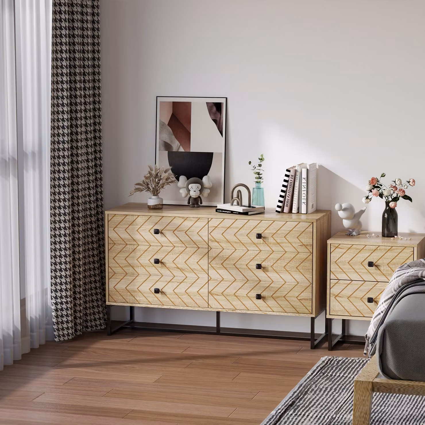 HOMCOM 6 Drawer Chest Sideboard Cabinet with Zig Zag Design and Black Metal Handles, Brown, H 71 x W 120 cm – 2