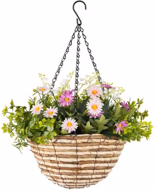 Christow Artificial Daisy Woven Hanging Basket in Yellow, Pink or Multicolour, Diameter: 25 cm