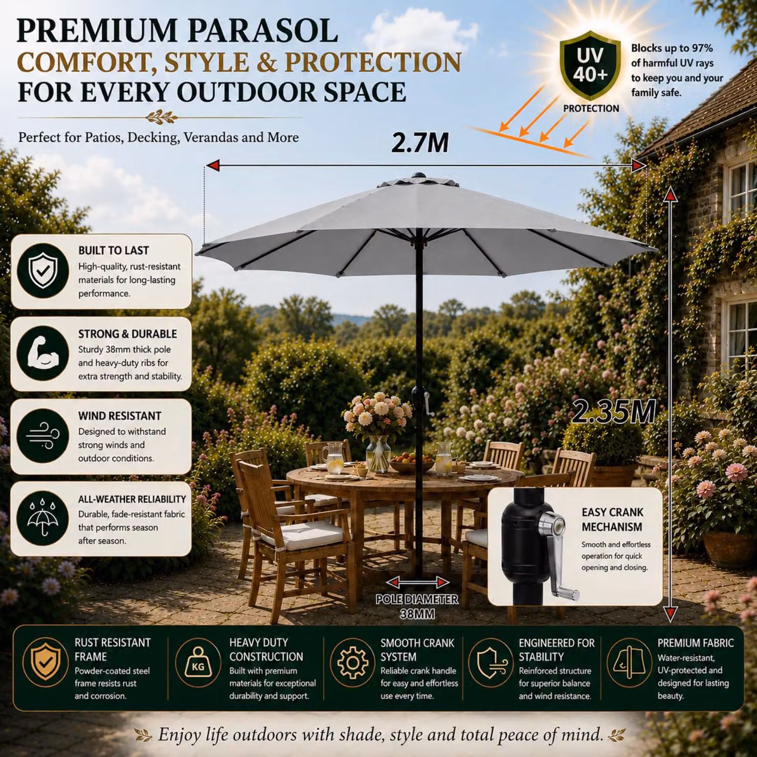 Glamhaus Grey Garden Parasol with Crank Handle and UPF 50+ Protection, Diameter: 270 cm – 2