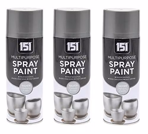 151 Multi Purpose Metallic Silver Spray Paint Aerosol for Wood, Metal and Brick, 3 x 400ml