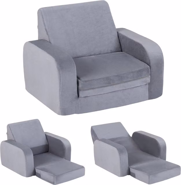 Costway Grey Velvet Microfibre Fold Out Toddler Couch with Armrests