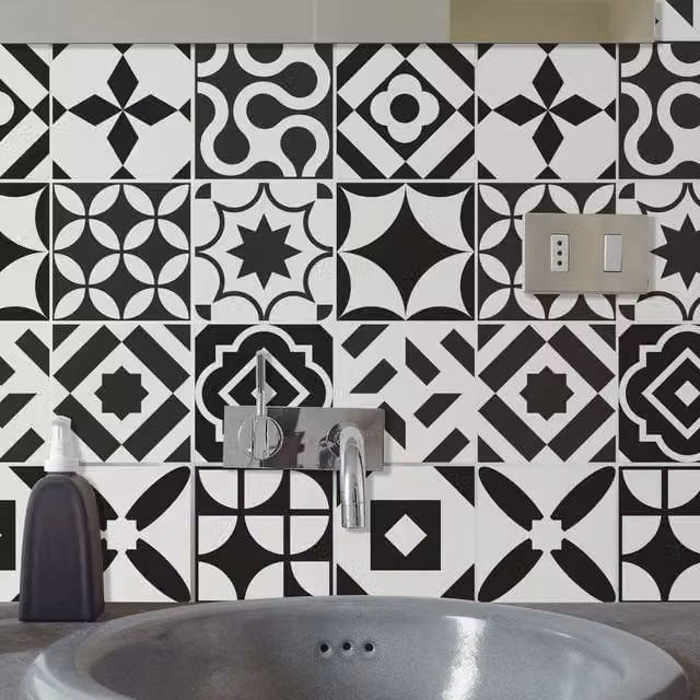 Walplus Adhesive Geometric Wall Tile Stickers in Black and White, 24 Pack, W/D/H: 15 x 15 x 0.54 cm