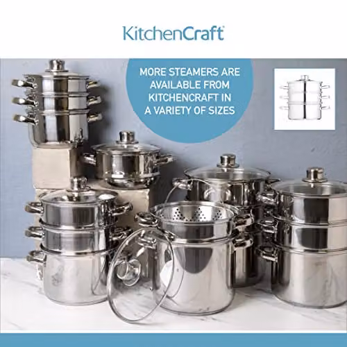 KitchenCraft Stainless Steel Three Tier Steamer Pot with Glass Lid, Silver – 4