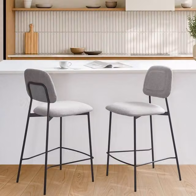 Wyld and Coco Set of 2 Modern Bar Chairs in Light Grey Faux Linen with Black Iron Frame