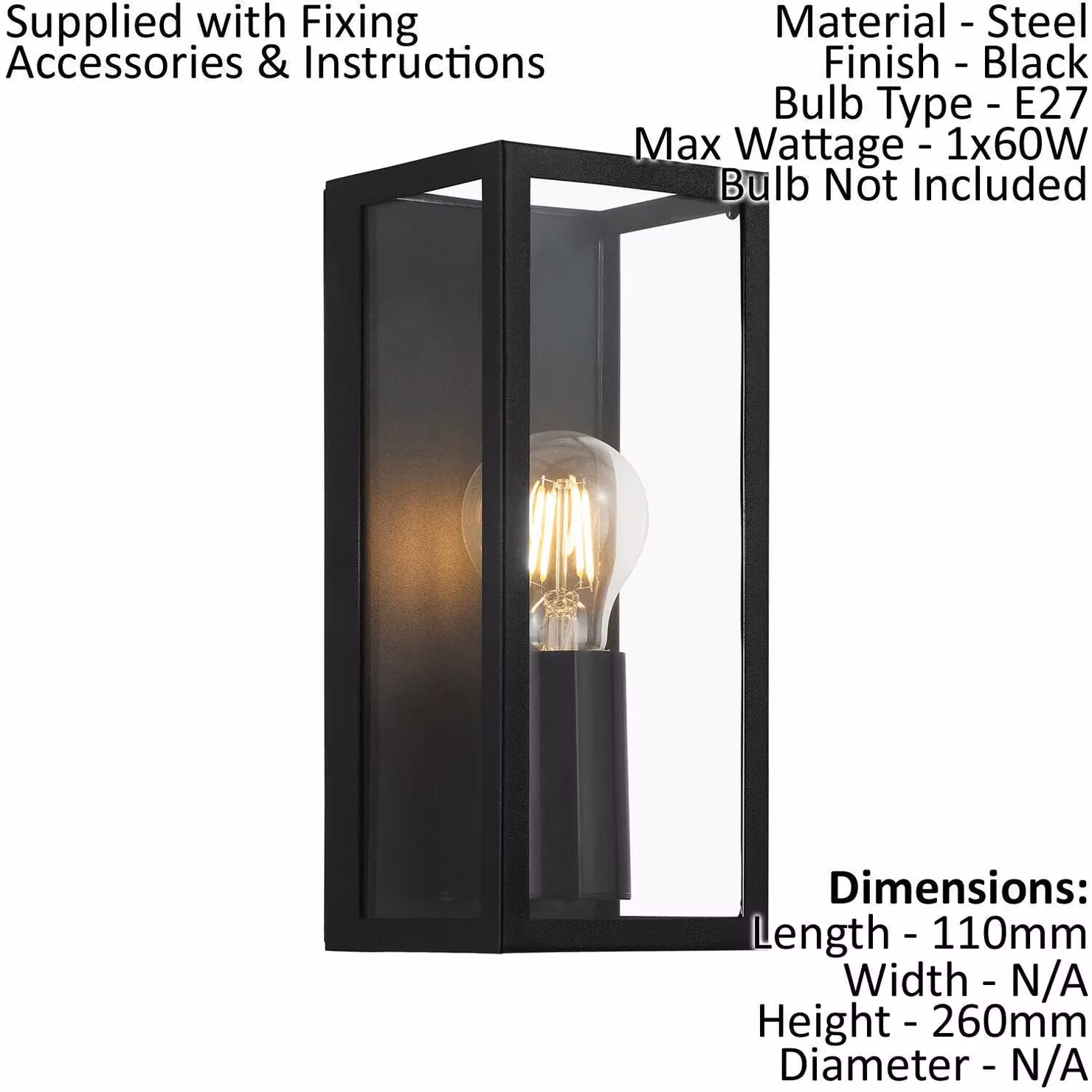Loops 2 Pack Modern Black Metal and Clear Glass Wall Lights with E27 Bulb Holder – 2