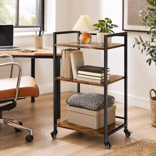 STILVORA 3-Tier Printer Stand with Adjustable Shelves and Wheels in Brown