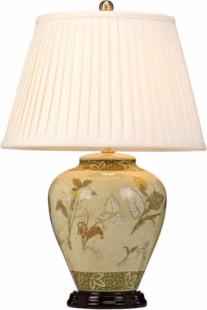 Netlighting Arum 1 Light Table Lamp in Brass and Yellow Ceramic with Cream Fabric Shade and E27 Fitting