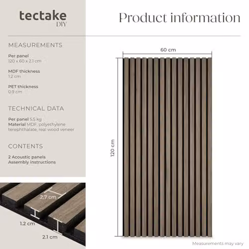 tectake Set of 2 Sound-Absorbing Acoustic Wall Panels with Wood Look MDF and Felt in Brown, W/D/H: 120 x 60 x 2.1 cm – 5