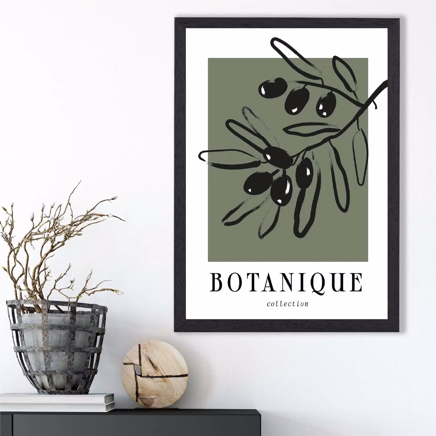 ARTZE Green and Black Olive Boho Sketch Floral Framed Print – 2