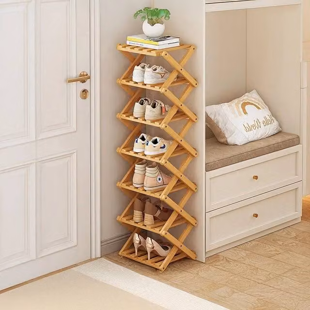 FORGEVIO 7 Tier Folding Bamboo Shoe Storage Rack in Natural Wood – 1
