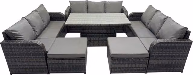 Fimous 11-Seater Rattan Garden Set with Adjustable Glass Top Table in Dark Grey