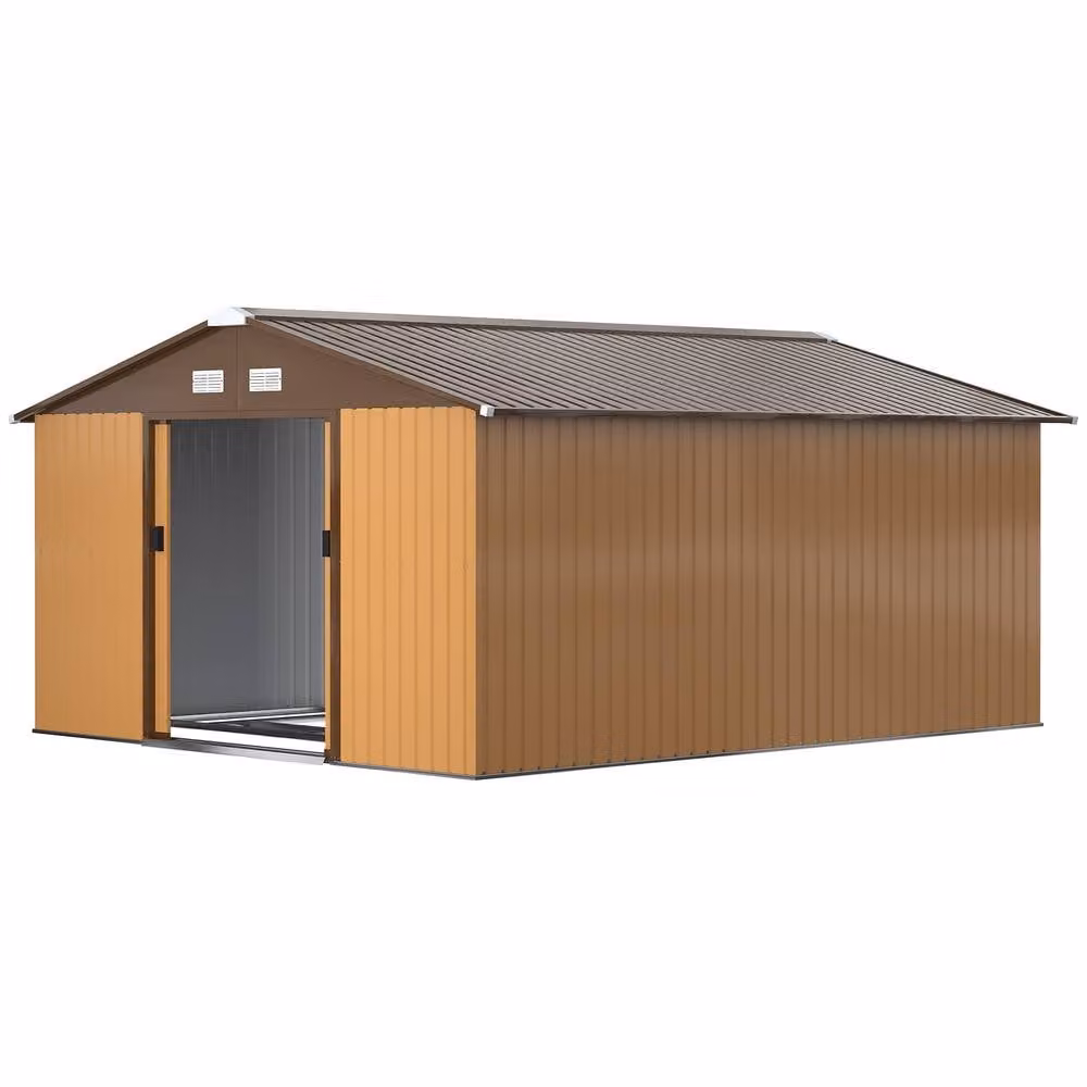 Rolipo Metal Garden Shed with Vents and Foundation, Light Brown, W: 3.96 m, D: 4.0 m – 1