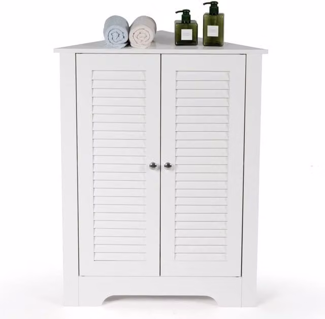 Gymax Freestanding Corner Storage Cabinet with Double Roll Shutter Doors in White – 1