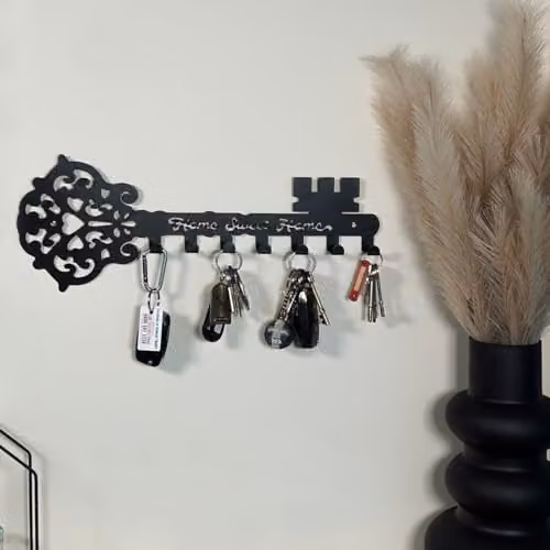 mysmartbuy Key Design Wall Mounted Key Hanger with 7 Hooks, Black Metal, H 17.5 x W 44 x D 3 cm