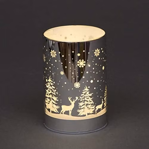 Shatchi Silver Christmas Forest Scene Etched Glass Vase Table Lamp with LED Fairy Lights