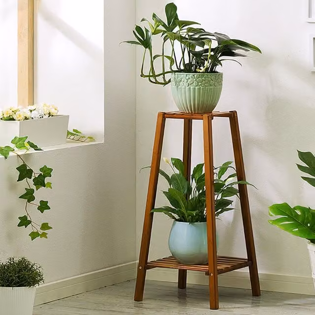 Livingandhome Vintage 2-Tier Wooden Ladder Plant Stand, Brown, W/D/H: 60 x 60 x 60 cm