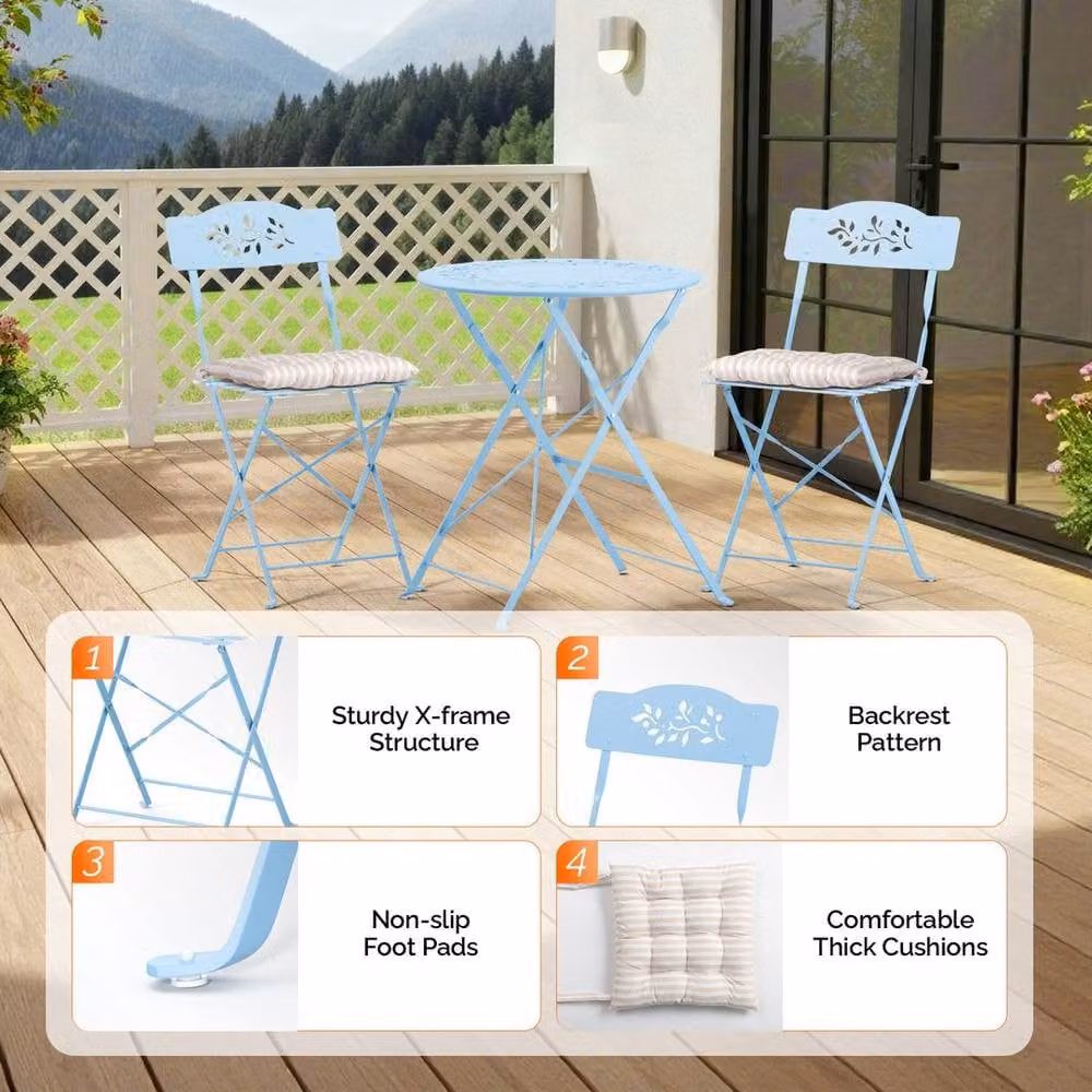 EONLION Blueolive 3-Piece Folding Bistro Set with Olive Leaf Pattern in Blue, Width: 100 cm – 3