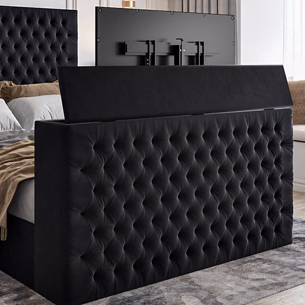 KDMD Annan Upholstered Soft Velvet Black TV Bed Frame with Lift Up Base, Small Double – 4