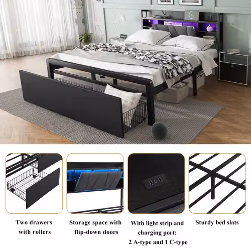 Matteo Black Metal Double Bed with Multi-Colour LED Strip Lights, USB Charging Port and Drawers, W/D/H: 140 x 200 cm – 4