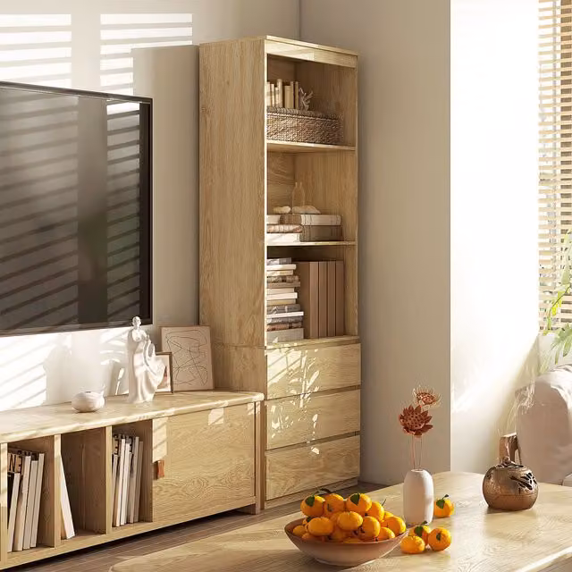 HOMCOM Modern Tall Oak Bookcase with Shelves and Drawers